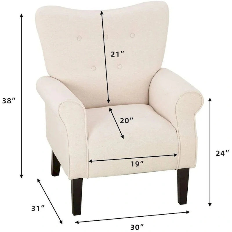Fauteuil à oreilles, fauteuil rembourré à dossier haut avec pieds en bois, blanc cassé