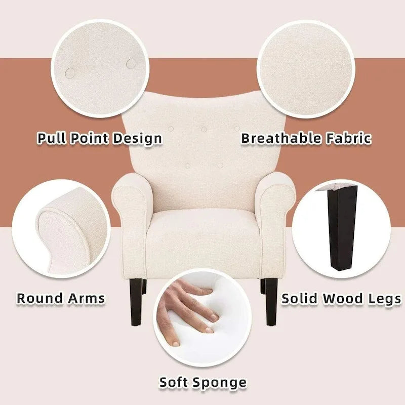 Fauteuil à oreilles, fauteuil rembourré à dossier haut avec pieds en bois, blanc cassé