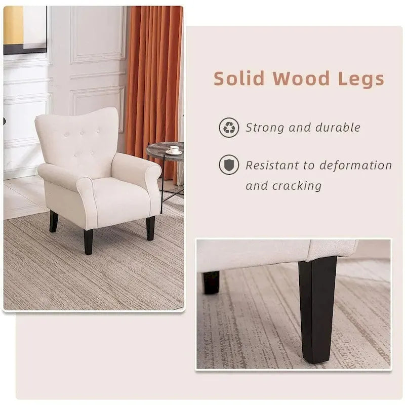 Fauteuil à oreilles, fauteuil rembourré à dossier haut avec pieds en bois, blanc cassé