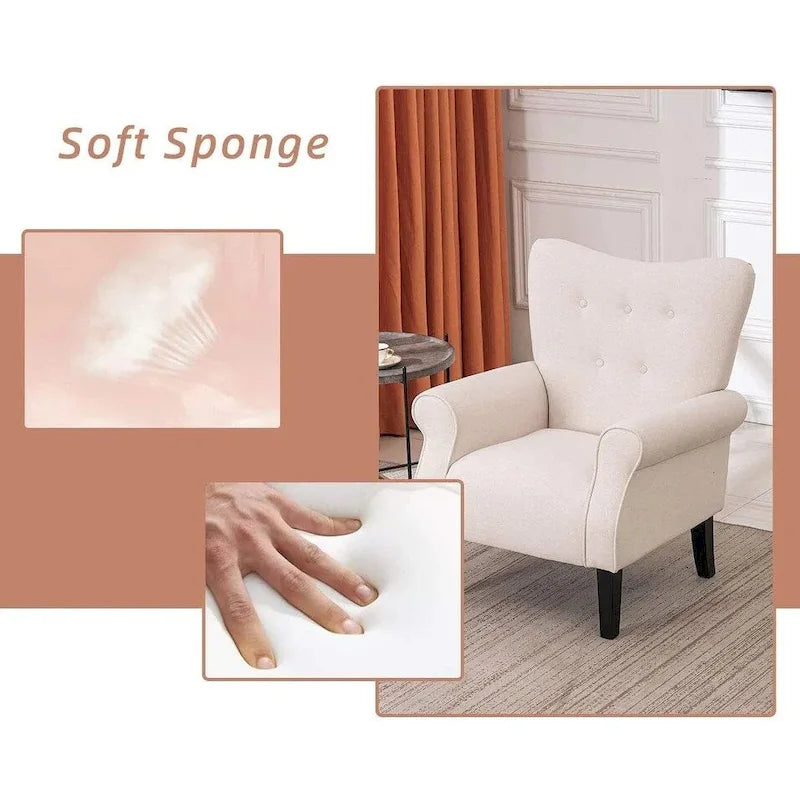 Fauteuil à oreilles, fauteuil rembourré à dossier haut avec pieds en bois, blanc cassé